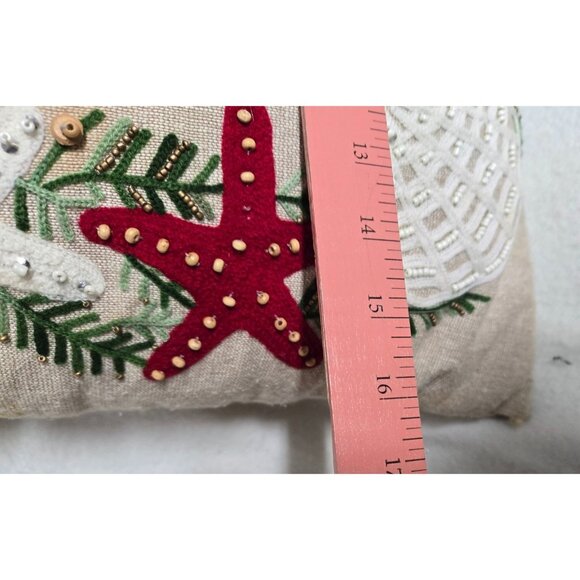 Coastal-Themed Embroidered Linen Throw Pillow with Tassels & Shell Design - Picture 7 of 10